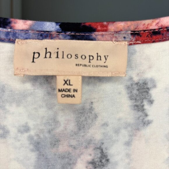 PHILOSOPHY Asymmetrical Tunic Womens XL Abstract Blue Pink 3/4 Rouched Sleeve - Picture 5 of 5